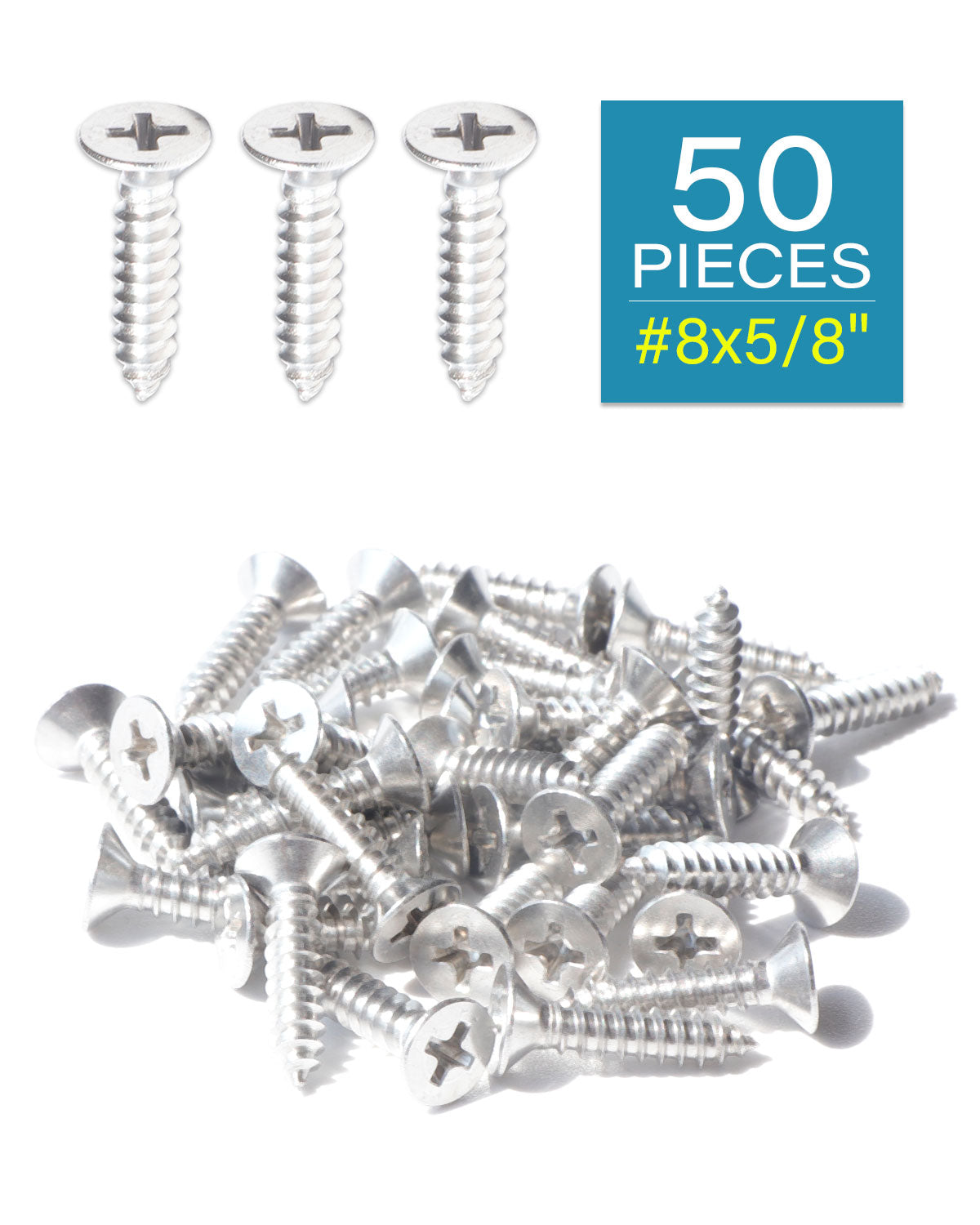 #8 x 5/8 (100 Pcs) Stainless Steel Flat Head Sheet Metal Screws, Phillips Drive Wood Screws, 304 Stainless Steel 18-8, Self Tapping Screws