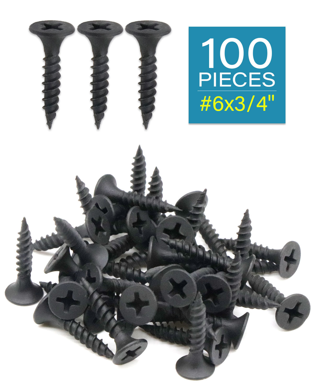 IMScrews 100pcs #6 x 3/4" Flat Head Phillips Drywall Screws Fine Thread Sharp Point Wood Screw, Carbon Steel 1022A, Black Phosphate