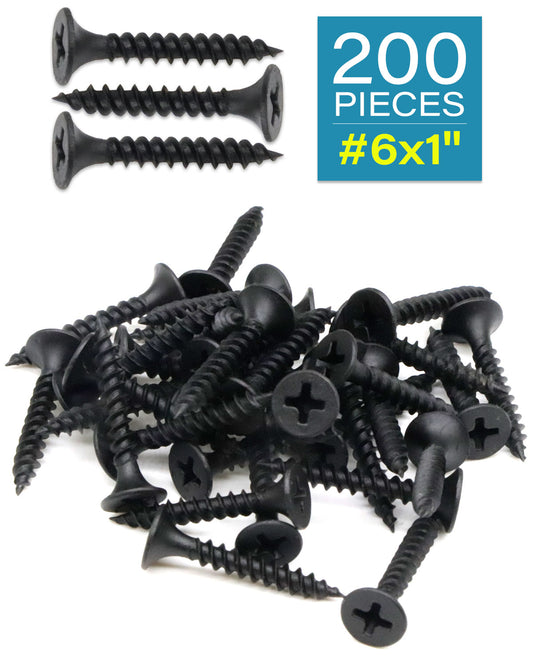 IMSCREWS Black Wood Screws, 200pcs #6 x 1" Flat Head Phillips Drywall Screws with Fine Thread, Self-Tapping Screws for Metal, Sheet Rock, Timber, Outdoor Indoor Use