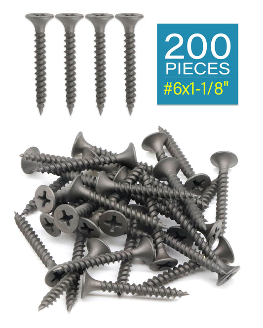 Wood Screws, 200pcs #6 x 1-1/8" Flat Head Phillips Dry Wall Screws, Sheetrock Screws with Fine Thread Gray Phosphate, Self Tapping Screws for Metal, Drywall, Wooden, Outdoor and Indoor Use