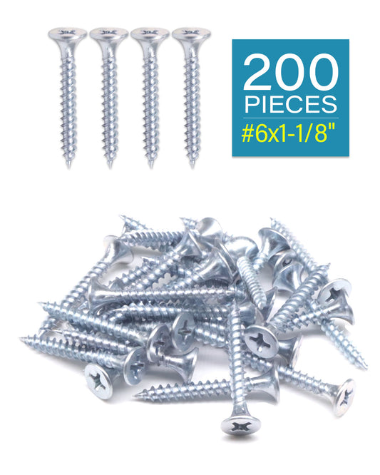 IMScrews 200шт #6 x 1-1/8" Шурупы для гипсокартона с плоской головкой и крестообразным шлицем Шуруп с тонкой резьбой и острым концом, углеродистая сталь 1022A, оцинкованный