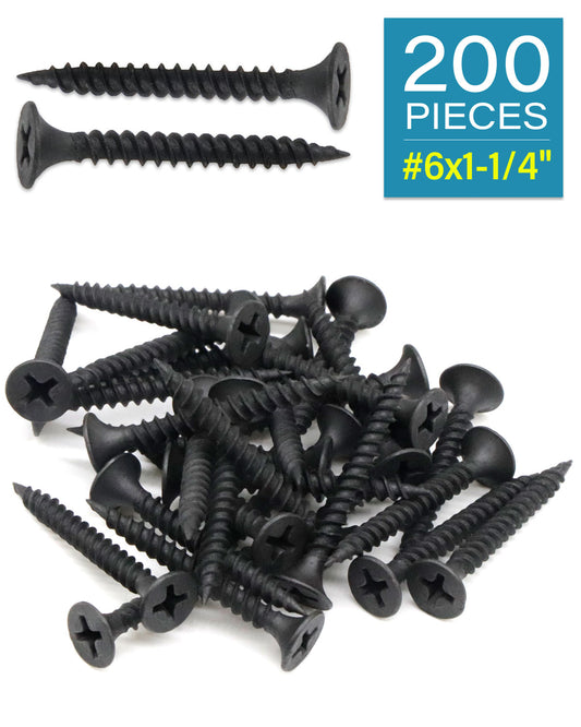 200PCS #6 x 1-1/4 Inch Black Drywall Screws, Flat Head Phillips Wood Screws, Sheetrock Screws with Fine Thread Phosphate, Self Tapping Screws for Metal, Drywall, Wooden, Outdoor and Indoor by IMSCREWS