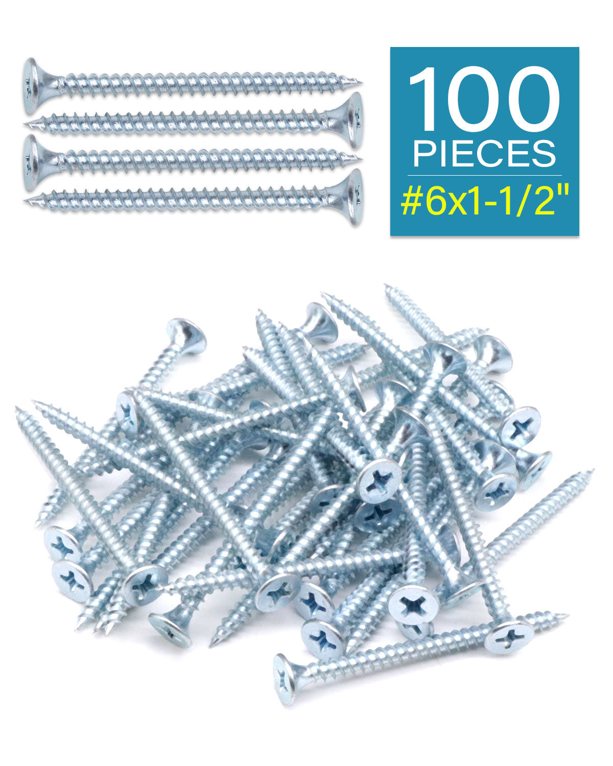 IMScrews 100pcs #6x1-1/2" Flat Head Phillips Drywall Screws Fine Thread Sharp Point Wood Screw, Carbon Steel 1022A, Zinc Coated