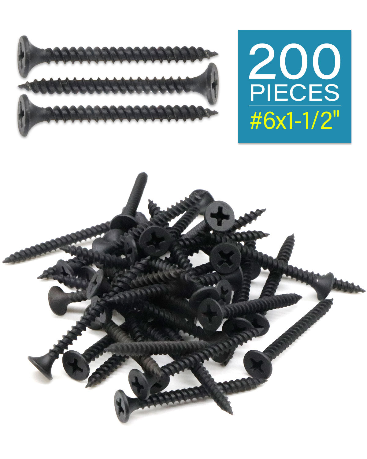 IMScrews 200шт #6x1-1/2" Шурупы для гипсокартона с плоской головкой и крестообразным шлицем Шуруп с тонкой резьбой и острым концом, углеродистая сталь 1022A, черный фосфат