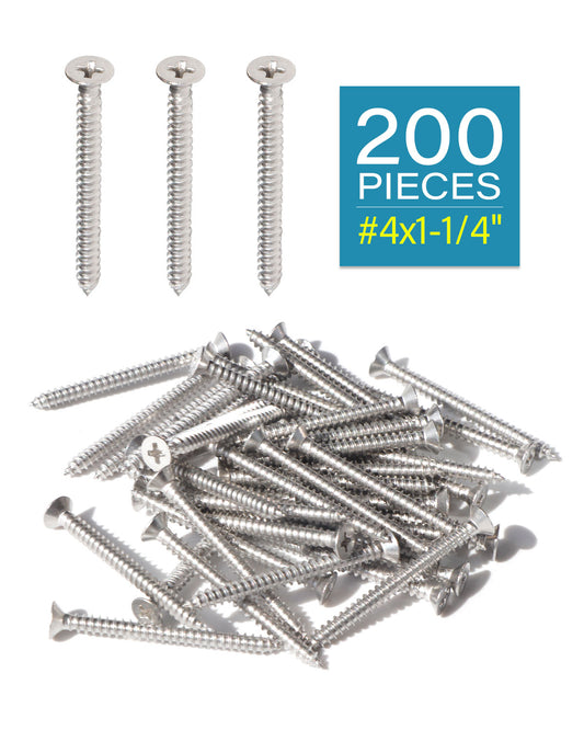 IMScrews 200pcs #4 x 1-1/4" (32mm) Stainless Flat Head Phillips Wood Screws 18-8 (304) Stainless Steel Countersunk Self Tapping Screws