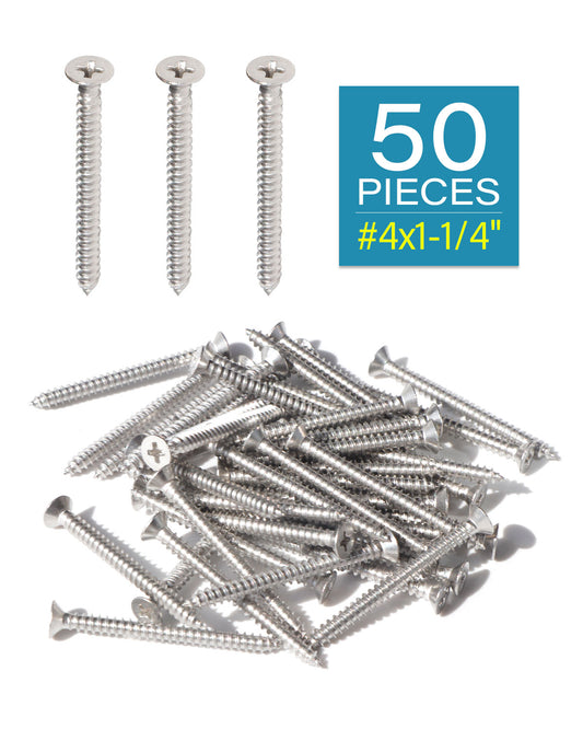 50pcs #4 x 1-1/4" (32mm) Stainless Flat Head Phillips Wood Screws 18-8 (304) Stainless Steel Countersunk Self Tapping Screws