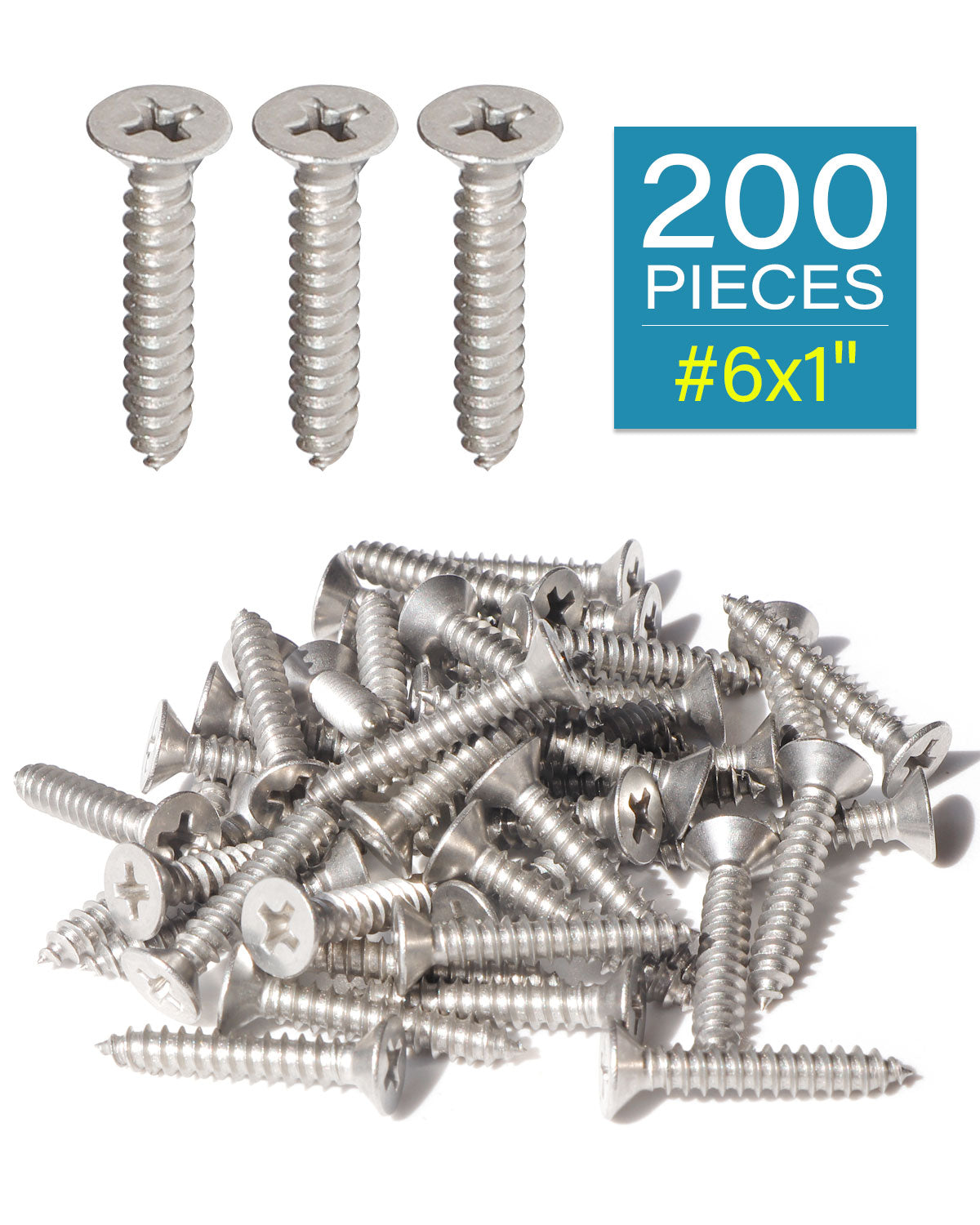 IMScrews 200pcs #6 x 1" (25mm) Stainless Flat Head Phillips Wood Screws 18-8 (304) Stainless Steel Countersunk Self Tapping Screws