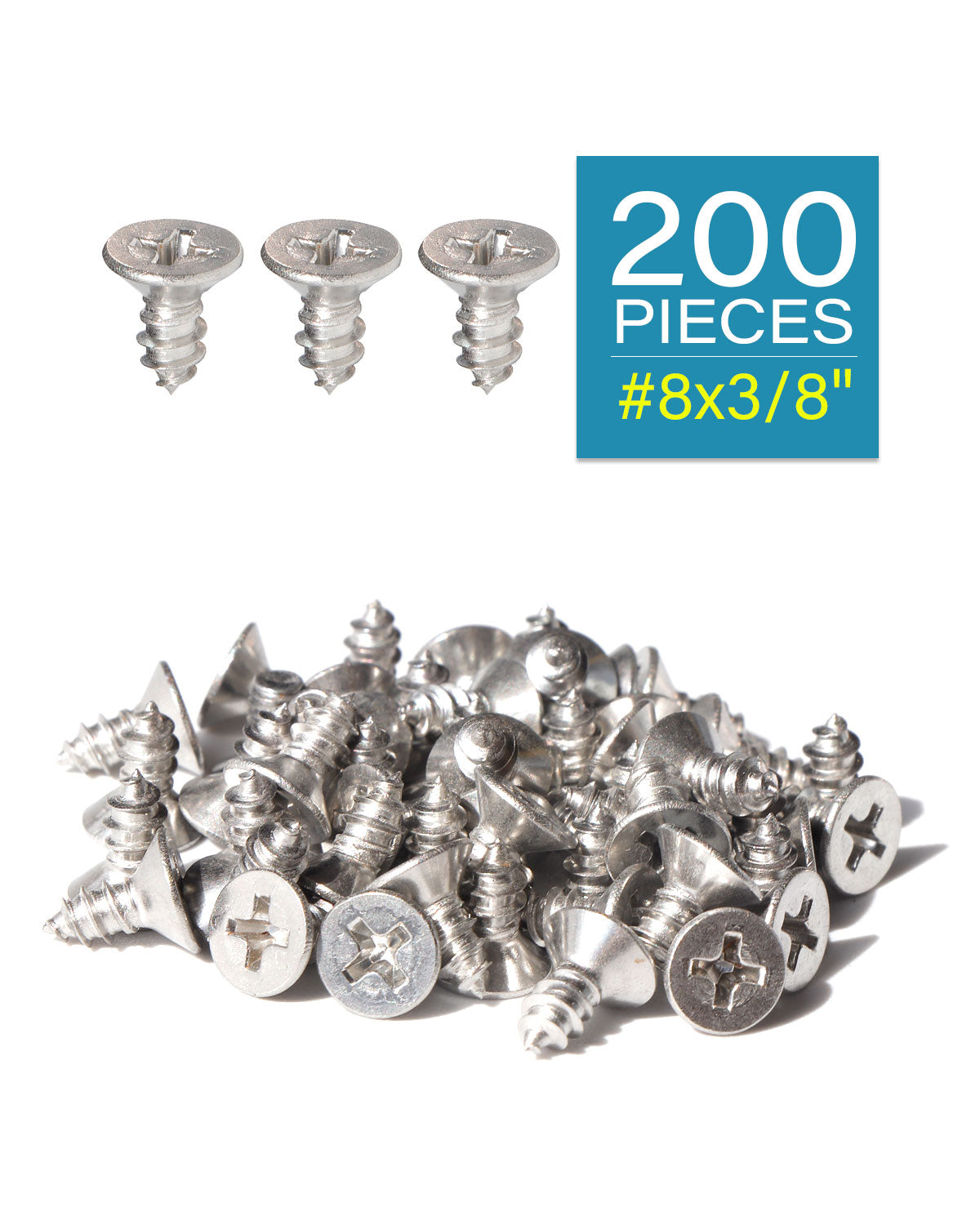 IMScrews 200pcs #8 x 3/8" (9.5mm) Stainless Flat Head Phillips Wood Screws 18-8 (304) Stainless Steel Countersunk Self Tapping Screws