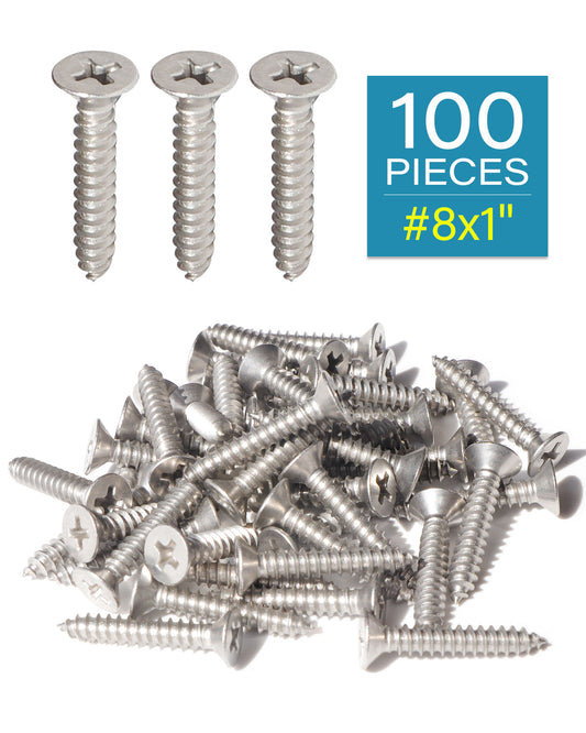 IMScrews 100pcs #8 x 1" (25mm) Stainless Flat Head Phillips Wood Screws 18-8 (304) Stainless Steel Countersunk Self Tapping Screws