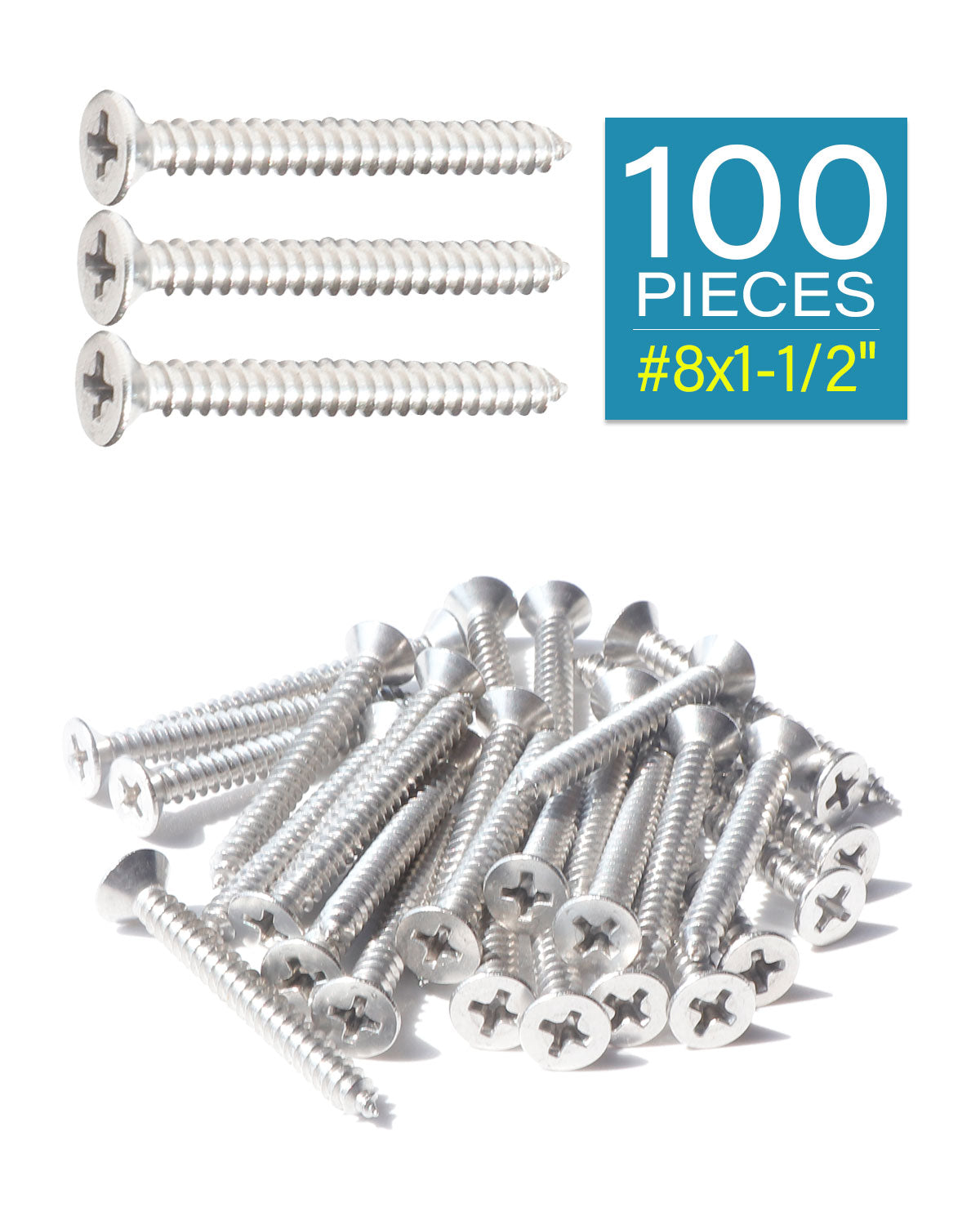 IMScrews 100pcs #8 x 1-1/2" (38mm) Stainless Flat Head Phillips Wood Screws 18-8 (304) Stainless Steel Countersunk Self Tapping Screws