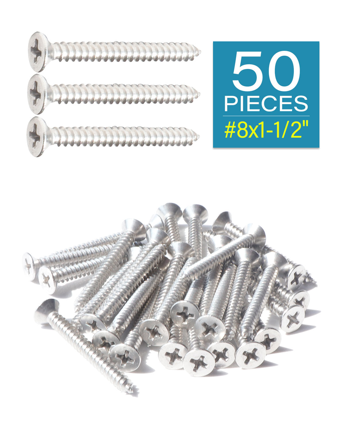 IMScrews 50pcs #8 x 1-1/2" (38mm) Stainless Flat Head Phillips Wood Screws 18-8 (304) Stainless Steel Countersunk Self Tapping Screws