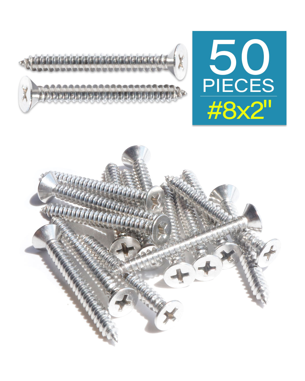 IMScrews 50pcs #8 x 2" (50mm) Stainless Flat Head Phillips Wood Screws 18-8 (304) Stainless Steel Countersunk Self Tapping Screws