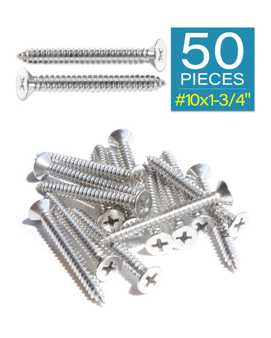 50pcs #10 x 1-3/4" (45mm) Stainless Flat Head Phillips Wood Screws 18-8 (304) Stainless Steel Countersunk Self Tapping Screws