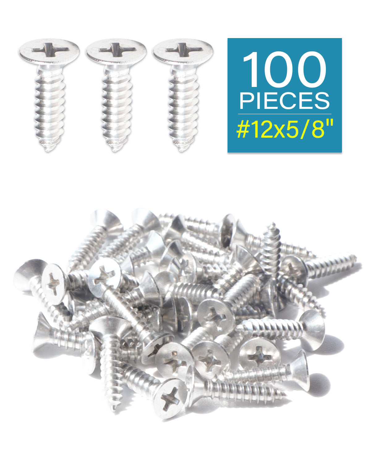 IMScrews 100pcs #12 x 5/8" (16mm) Stainless Flat Head Phillips Wood Screws 18-8 (304) Stainless Steel Countersunk Self Tapping Screws