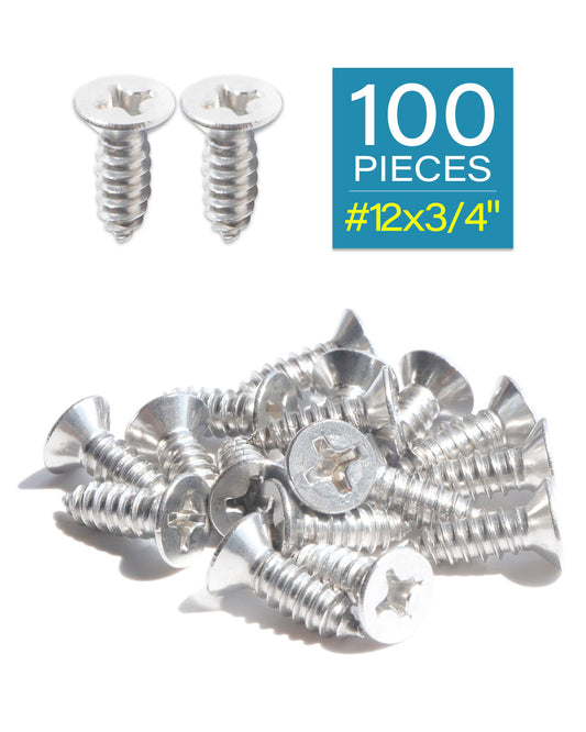 IMScrews 100pcs #12 x 3/4" (19mm) Stainless Flat Head Phillips Wood Screws 18-8 (304) Stainless Steel Countersunk Self Tapping Screws