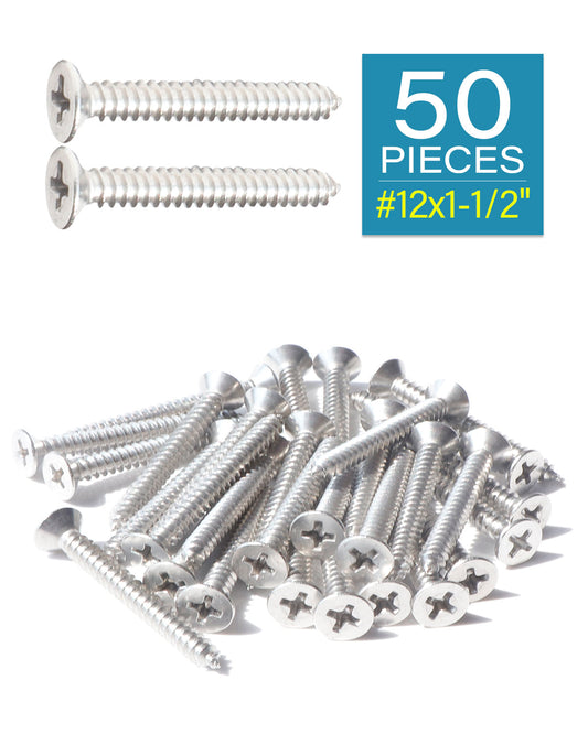 IMScrews 50pcs #12 x 1-1/2" (38mm) Stainless Flat Head Phillips Wood Screws 18-8 (304) Stainless Steel Countersunk Self Tapping Screws