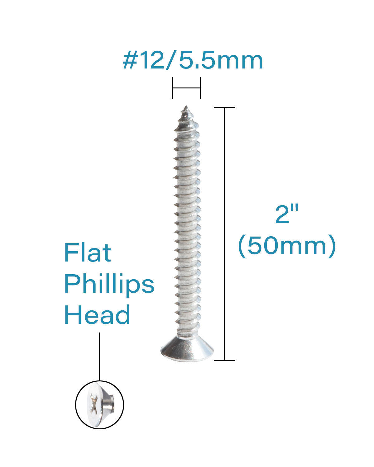 IMScrews 100pcs #12 x 2" (50mm) Stainless Flat Head Phillips Wood Screws 18-8 (304) Stainless Steel Countersunk Self Tapping Screws