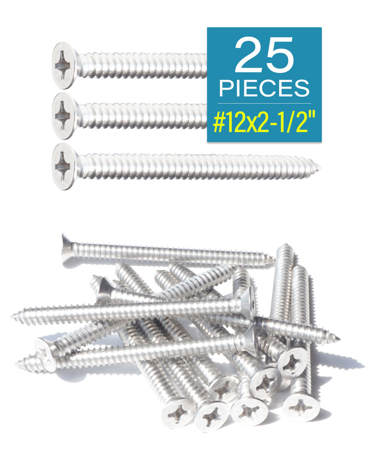 IMScrews 25pcs #12 x 2-1/2" (65mm) Stainless Flat Head Phillips Wood Screws 18-8 (304) Stainless Steel Countersunk Self Tapping Screws