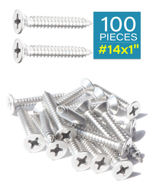 100pcs #14 x 1" (25mm) Stainless Flat Head Phillips Wood Screws 18-8 (304) Stainless Steel Countersunk Self Tapping Screws