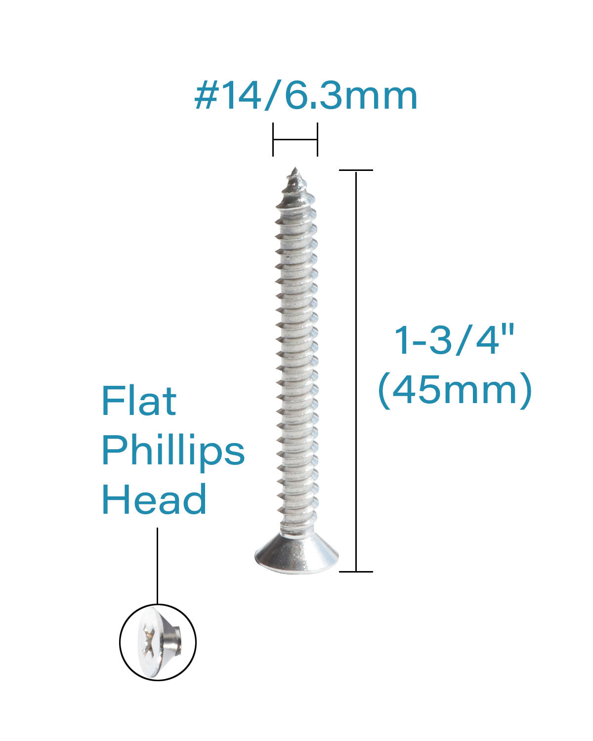 50pcs #14 x 1-3/4" (45mm) Stainless Flat Head Phillips Wood Screws 18-8 (304) Stainless Steel Countersunk Self Tapping Screws