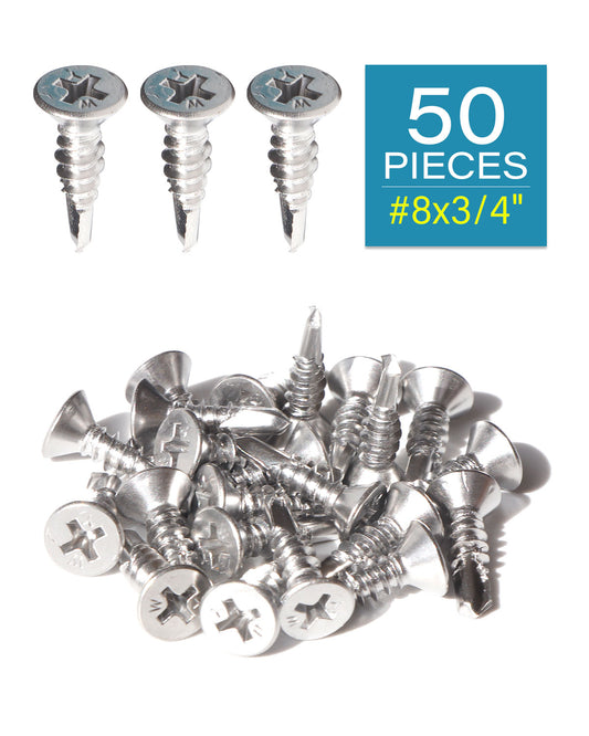 IMScrews 50 шт. # 8 x 3/4 дюйма, самосверлящие винты Phillips с плоской головкой из нержавеющей стали, винты из нержавеющей стали 410 с полной резьбой для листового металла Tek, винты по дереву и металлу