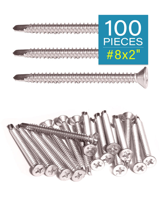 IMScrews 100 шт. # 8 x 2 дюйма, самосверлящие винты Phillips с плоской головкой из нержавеющей стали, винты из нержавеющей стали 410 с полной резьбой для листового металла Tek, винты по дереву и металлу