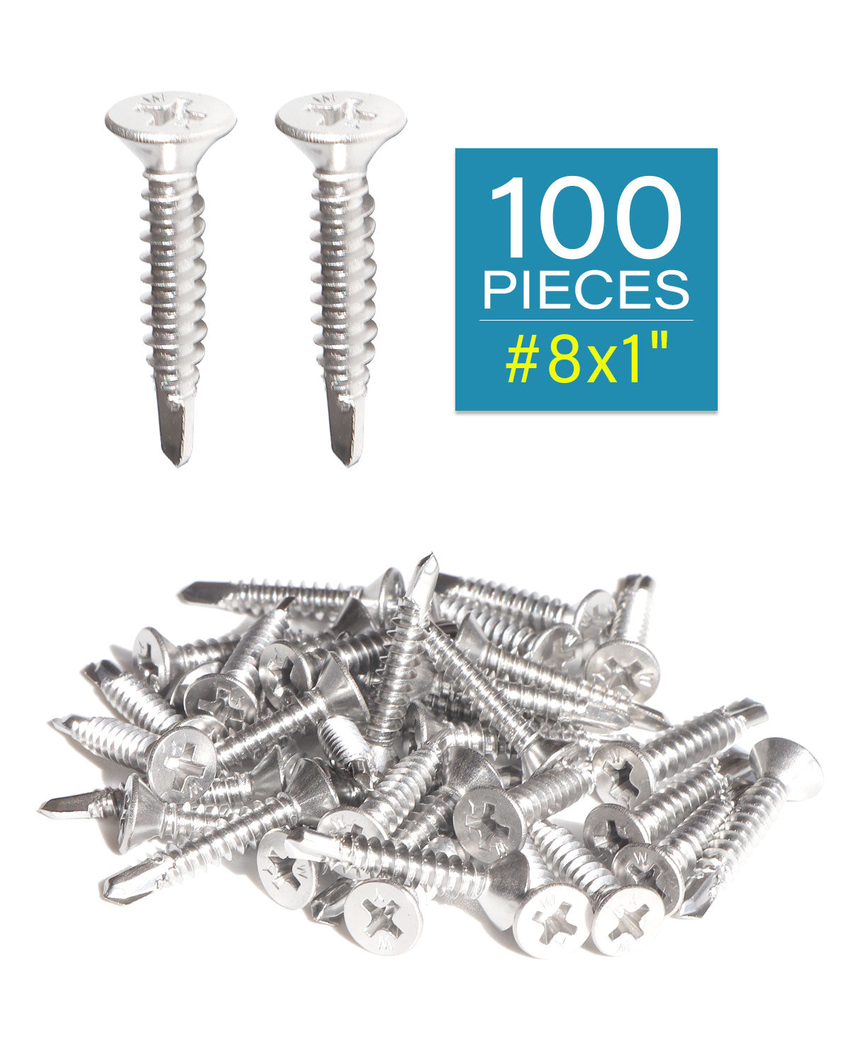 IMScrews 100pcs #8 x 1" Stainless Flat Head Phillips Self Drilling Screws, 410 Stainless Steel Full Thread Sheet Metal Tek Wood to Metal Screws