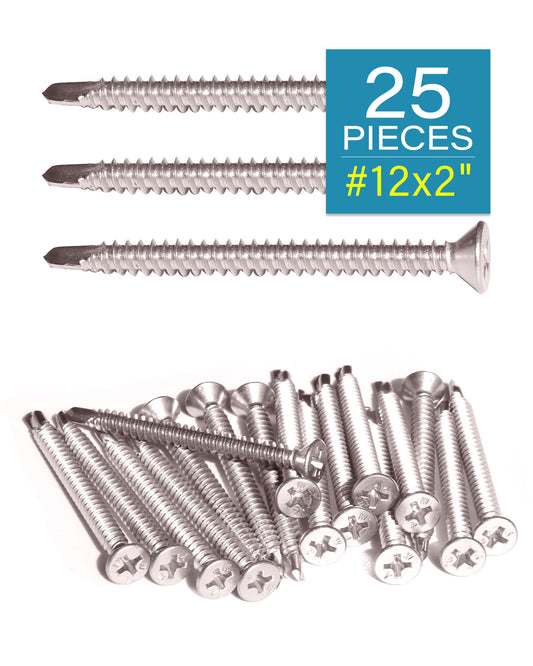 IMScrews 25 шт. # 12 x 2 дюйма, самосверлящие винты Phillips с плоской головкой из нержавеющей стали, винты из нержавеющей стали 410 с полной резьбой для листового металла Tek, винты по дереву и металлу