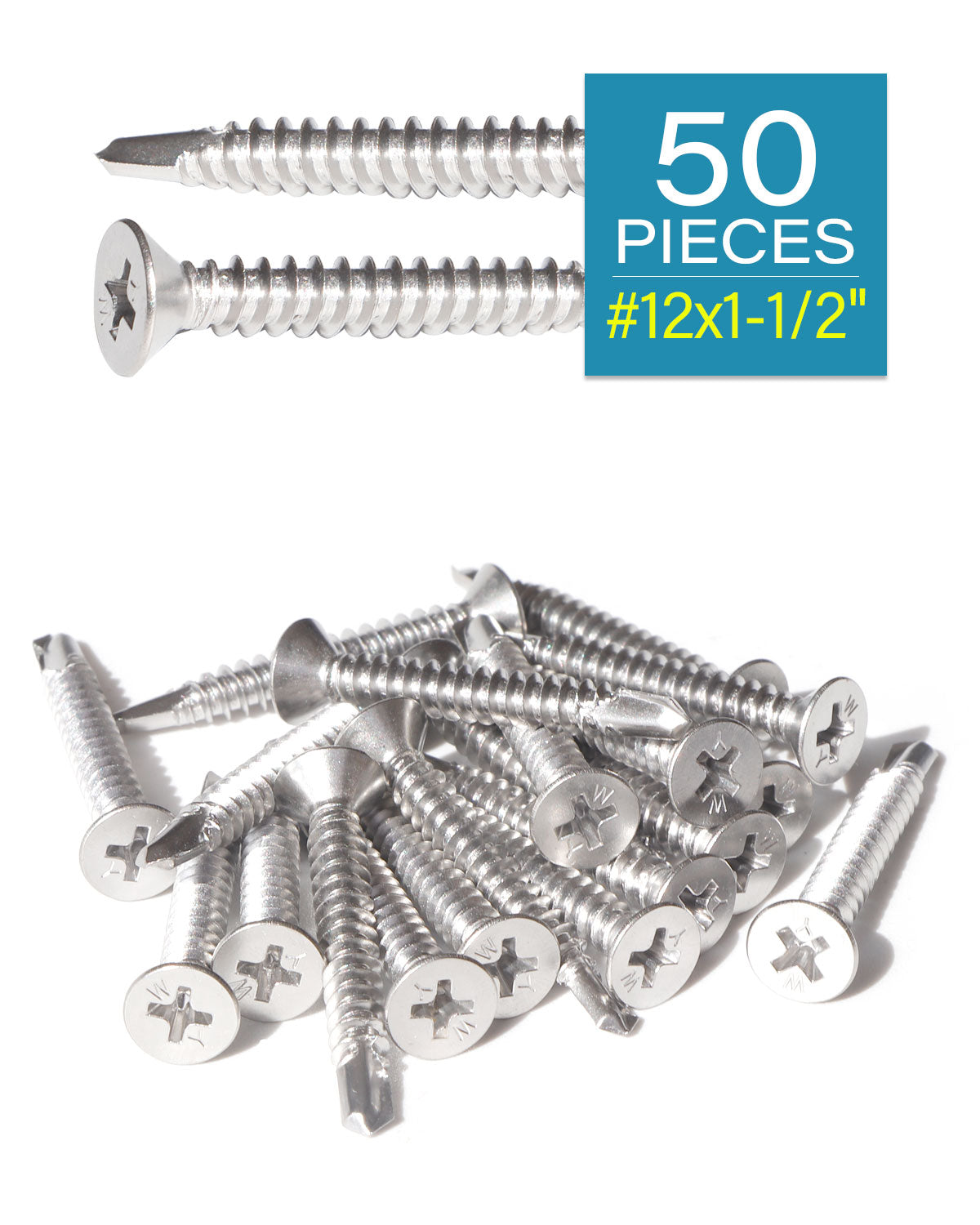 #12 x 1-1/2" Stainless Flat Head Phillips Self Drilling Screws (50pcs), Stainless Steel 410 Fully Threaded Sheet Metal Tek Screw Wood to Metal | by IMSCREWS