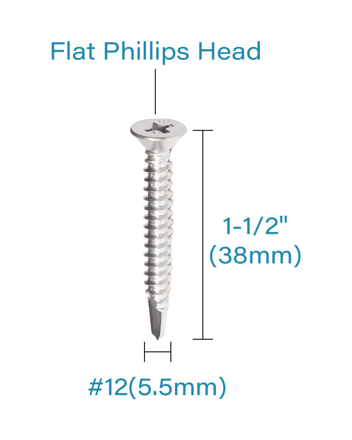 #12 x 1-1/2" Stainless Flat Head Phillips Self Drilling Screws (50pcs), Stainless Steel 410 Fully Threaded Sheet Metal Tek Screw Wood to Metal | by IMSCREWS