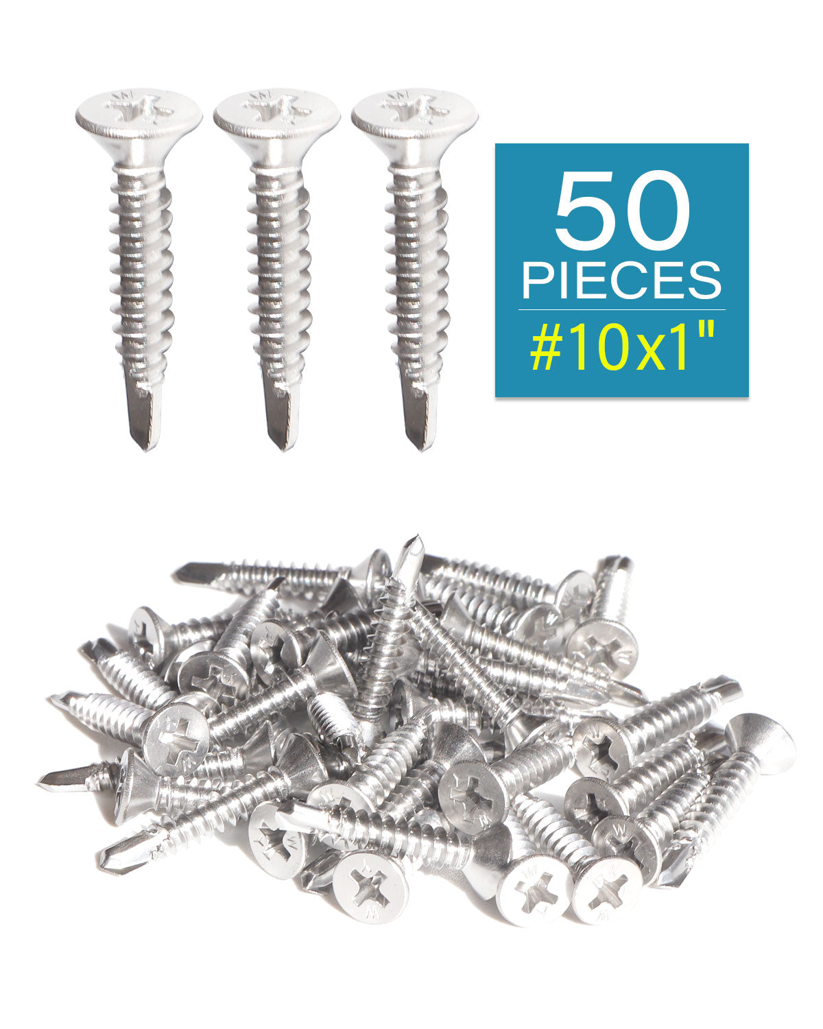 IMScrews 50pcs #10 x 1" Stainless Flat Head Phillips Self Drilling Screws, 410 Stainless Steel Full Thread Sheet Metal Tek Wood to Metal Screws