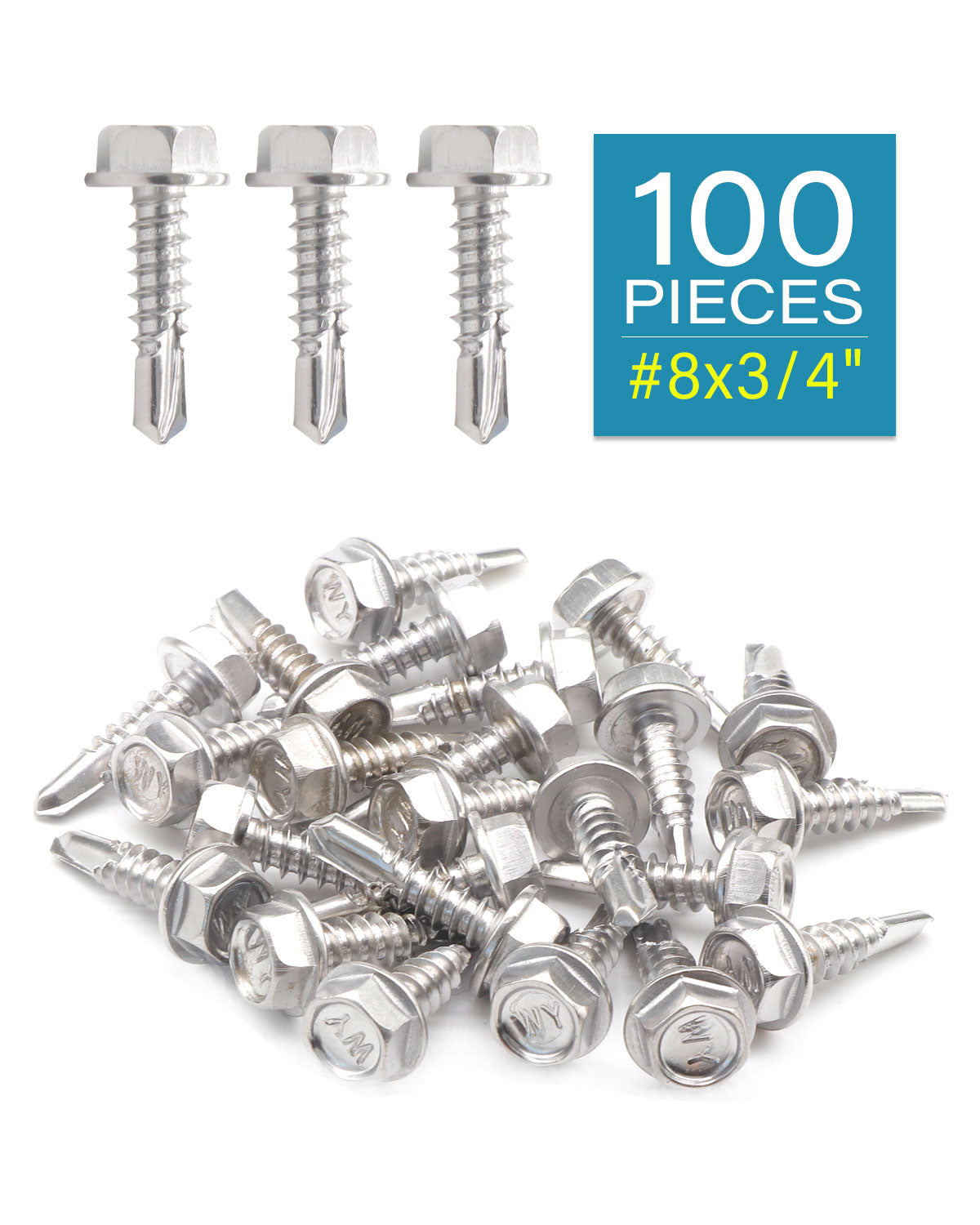 IMScrews 100 шт. # 8 x 3/4 дюйма, самосверлящие винты с шестигранной головкой и шайбой из нержавеющей стали, винты из нержавеющей стали 410 с полной резьбой для листового металла Tek