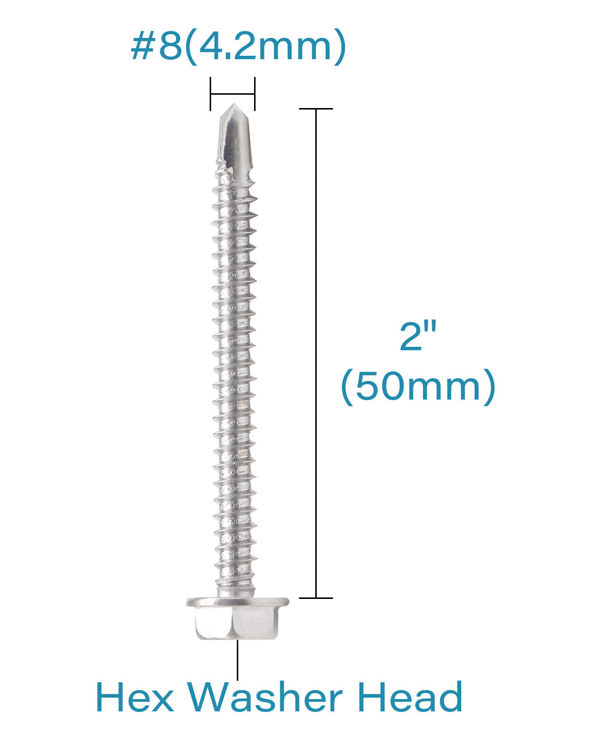 IMScrews 50 шт. # 8 x 2 дюйма, самосверлящие винты с шестигранной головкой и шайбой из нержавеющей стали, винты из нержавеющей стали 410 с полной резьбой для листового металла Tek