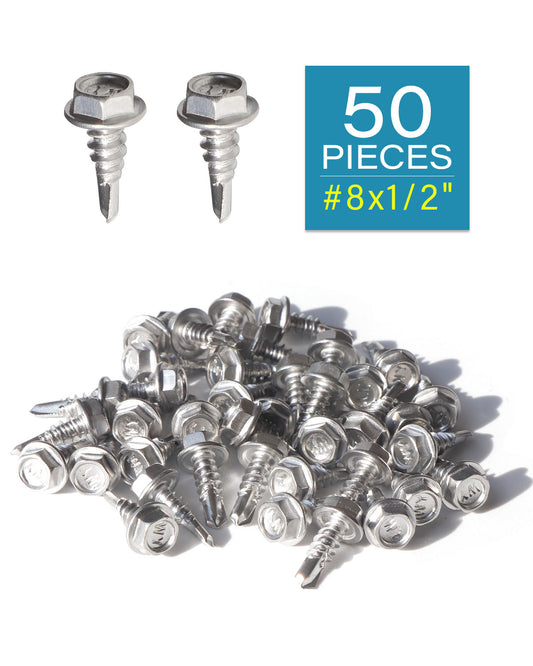 IMScrews 50 шт. #8 x 1/2 дюйма самосверлящие винты с шестигранной головкой и шайбой из нержавеющей стали, винты из нержавеющей стали 410 с полной резьбой для листового металла Tek