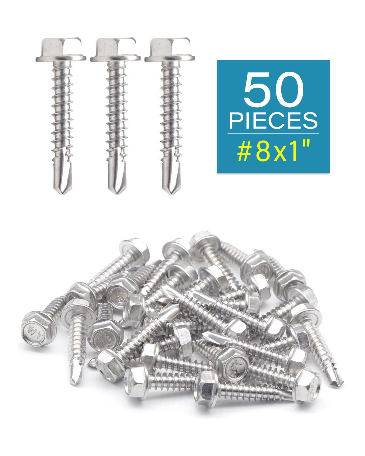 #8 x 1" Stainless Hex Washer Head Self Drilling Screws (50pcs), Sheet Metal Flanged Hex Tek Screw Stainless Steel 410 | by IMScrews