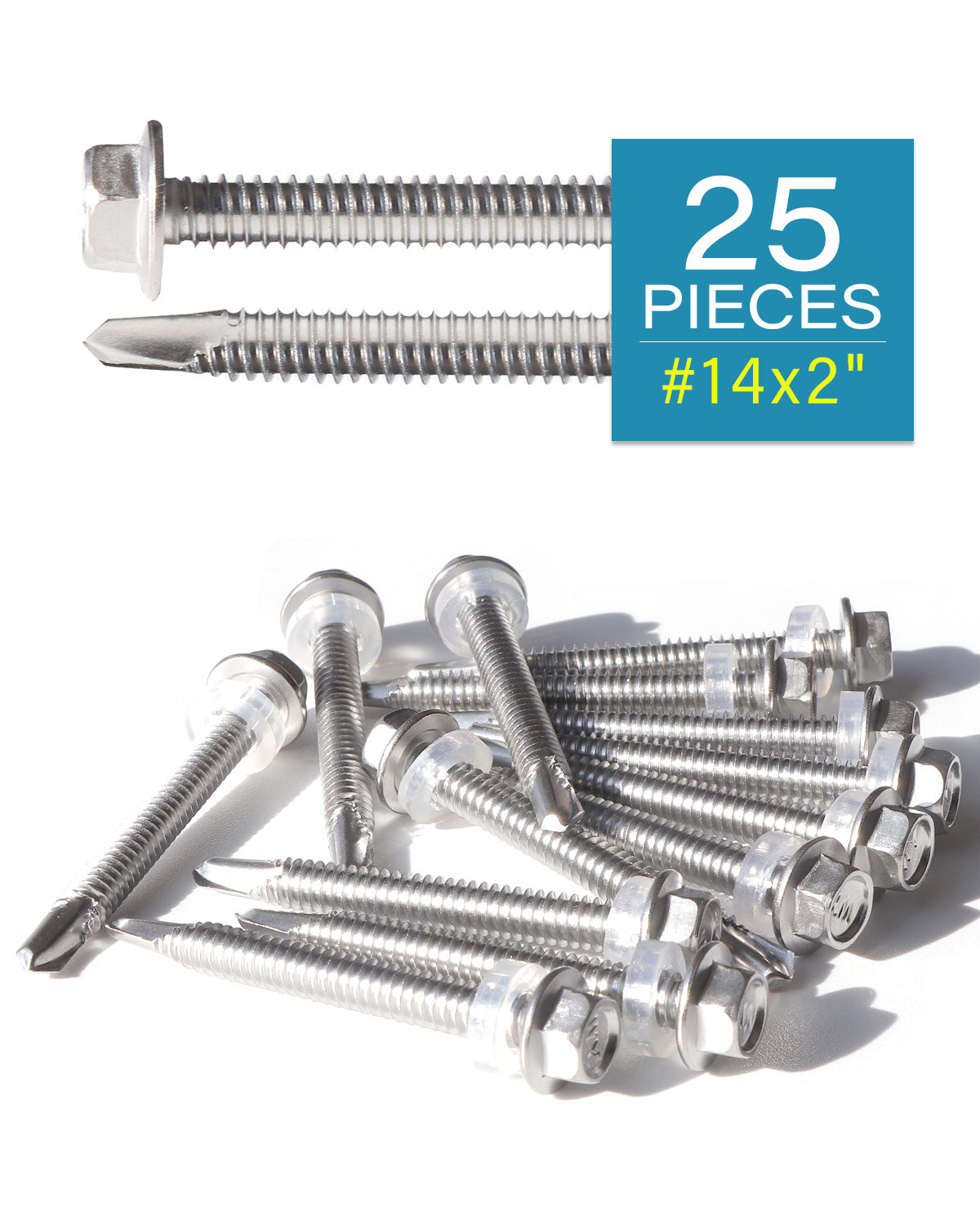 IMScrews 25 шт. # 14 x 2 дюйма, самосверлящие винты с шестигранной головкой из нержавеющей стали, винты из нержавеющей стали 410 с полной резьбой для листового металла Tek