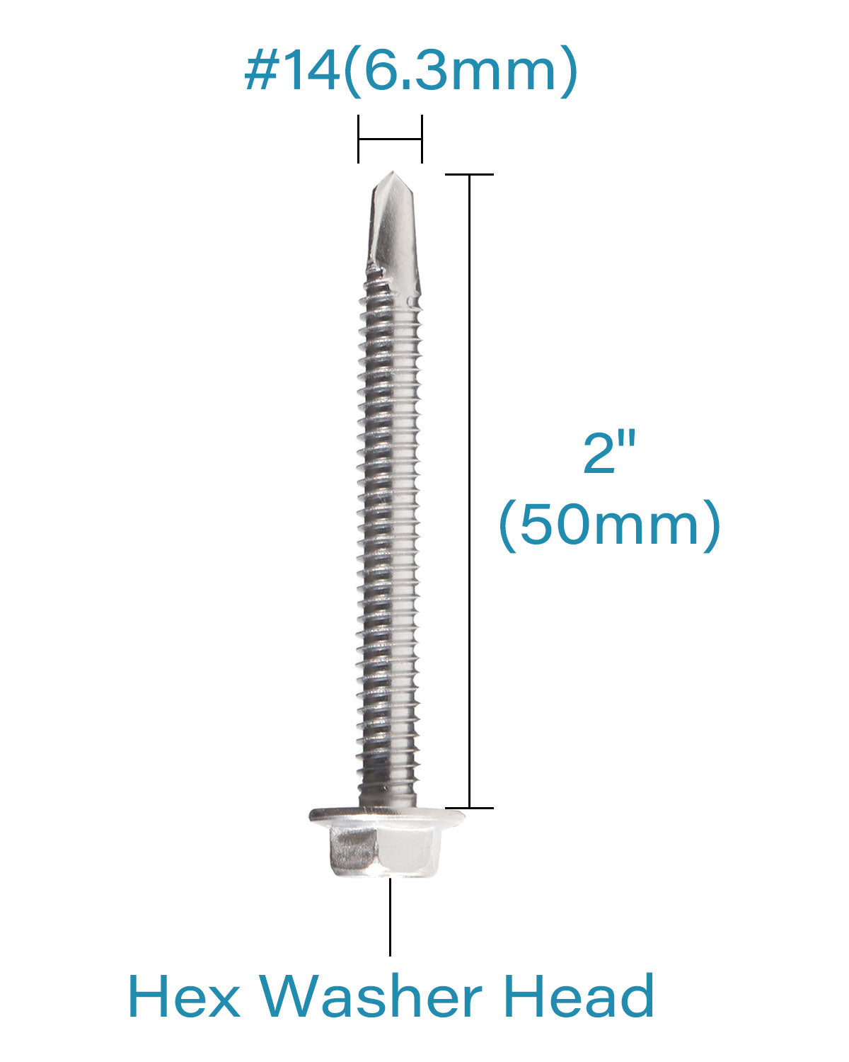 IMScrews 25 шт. # 14 x 2 дюйма, самосверлящие винты с шестигранной головкой из нержавеющей стали, винты из нержавеющей стали 410 с полной резьбой для листового металла Tek