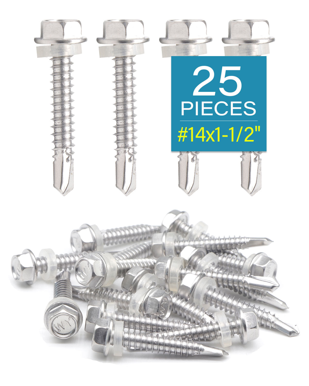 IMScrews 25 шт. # 14 x 1-1/2 дюйма самосверлящие винты с шестигранной головкой из нержавеющей стали, винты Tek из нержавеющей стали с полной резьбой из нержавеющей стали 410