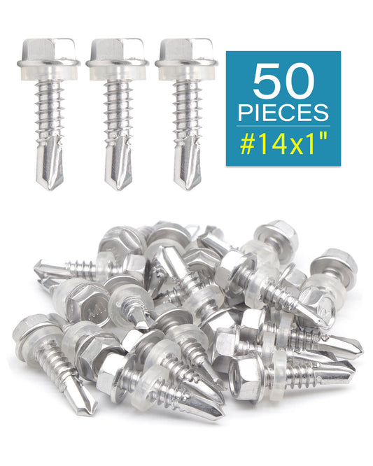 IMScrews 50 шт. # 14 x 1 дюйм, самосверлящие винты с шестигранной головкой и шайбой из нержавеющей стали, винты из нержавеющей стали 410 с полной резьбой для листового металла Tek