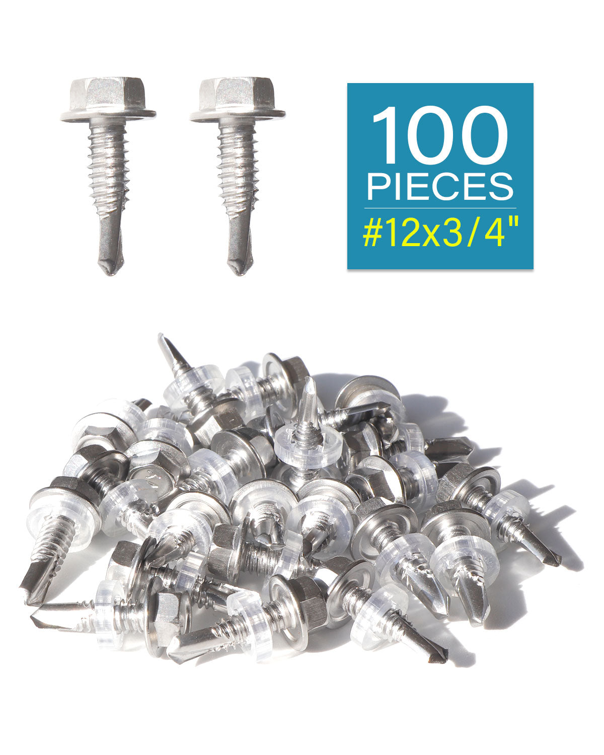 #12 x 3/4" Stainless Hex Washer Head Self Drilling Screws (100pcs) Stainless Steel 410 Fully Threaded Sheet Metal Tek Screws | by IMSCREWS