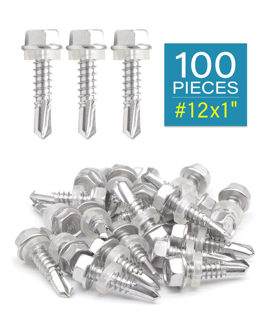 IMScrews 100 шт. # 12 x 1 "Самосверлящие винты с шестигранной головкой из нержавеющей стали, винты из нержавеющей стали 410 с полной резьбой для листового металла Tek