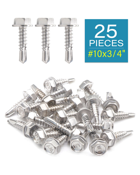 IMScrews 25 шт. # 10 x 3/4 дюйма, самосверлящие винты с шестигранной головкой и шайбой из нержавеющей стали, винты Tek из нержавеющей стали с полной резьбой из нержавеющей стали 410