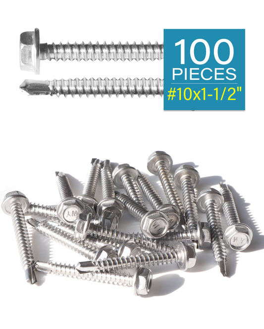 IMScrews 100 шт. # 10 x 1-1/2 дюйма самосверлящие винты с шестигранной головкой из нержавеющей стали, винты Tek из нержавеющей стали с полной резьбой из нержавеющей стали 410