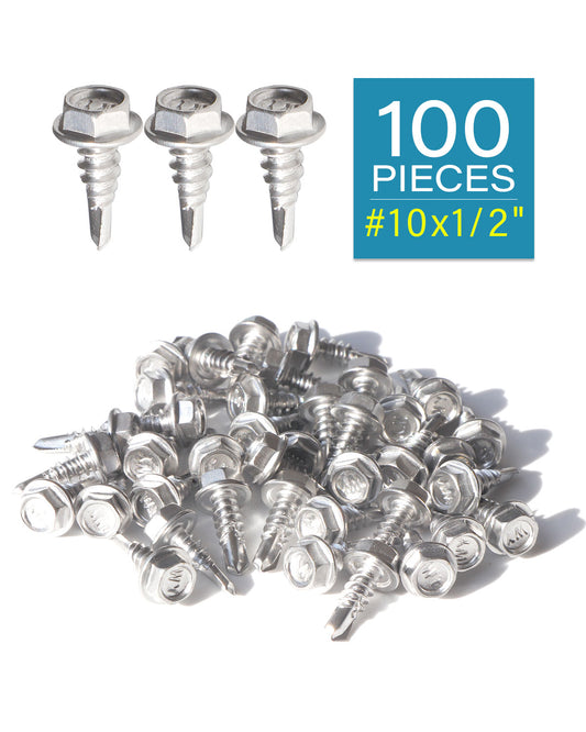 IMScrews 100 шт. # 10 x 1/2 дюйма, самосверлящие винты с шестигранной головкой и шайбой из нержавеющей стали, винты из нержавеющей стали 410 с полной резьбой для листового металла Tek