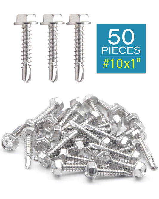 IMScrews 50 шт. # 10 x 1 дюйм, самосверлящие винты с шестигранной головкой и шайбой из нержавеющей стали, винты из нержавеющей стали 410 с полной резьбой для листового металла Tek