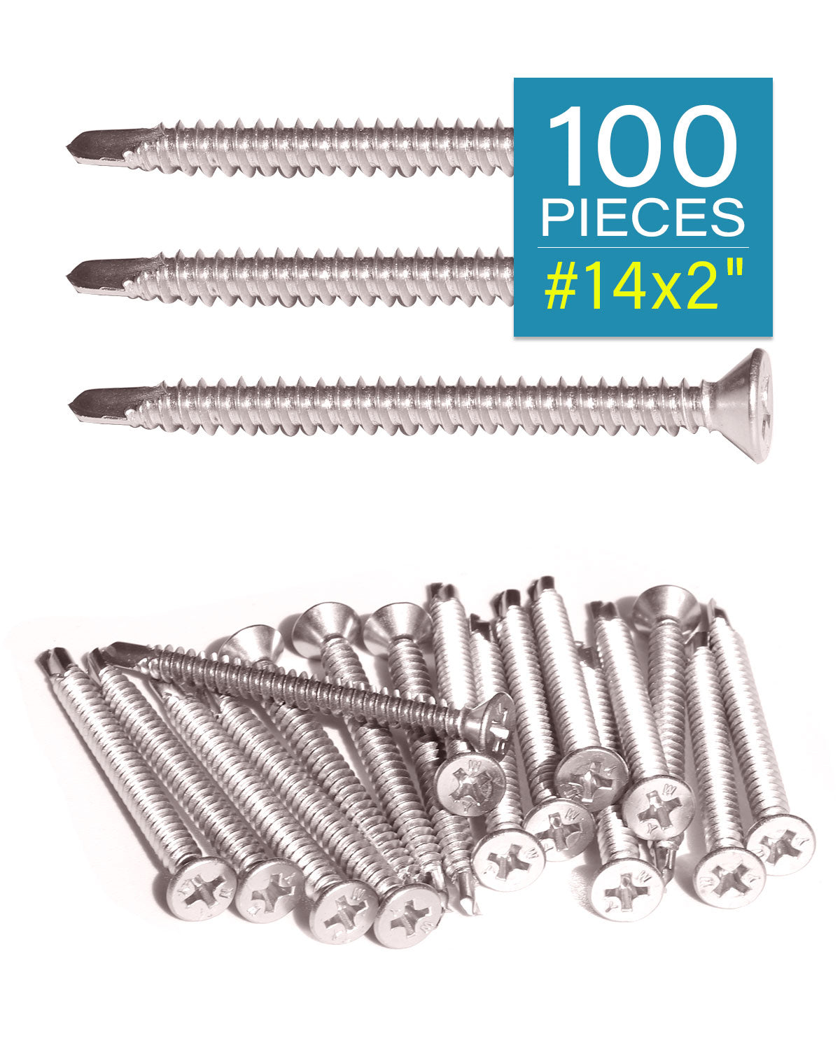 IMScrews 100pcs #14 x 2" Stainless Flat Head Phillips Self Drilling Screws, 410 Stainless Steel Full Thread Sheet Metal Tek Wood to Metal Screws