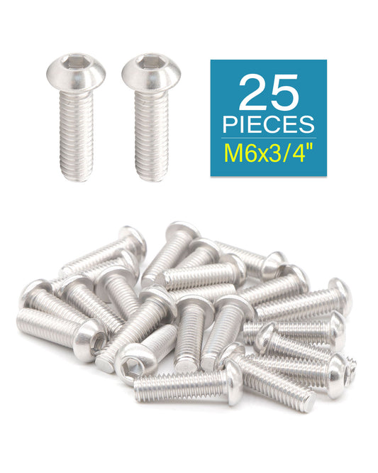 M6 x 3/4" Button Head Socket Cap Bolts Screws (25pcs) 18-8 Stainless Steel 304 Allen Hex Drive Fully Thread Machine Screw ISO7380 | by IMSCREWS