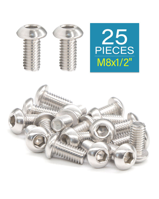 M8 x 1/2" Button Head Socket Cap Bolts Screws (25pcs) 18-8 Stainless Steel 304 Allen Hex Drive Fully Thread Machine Screw ISO7380 | by IMSCREWS