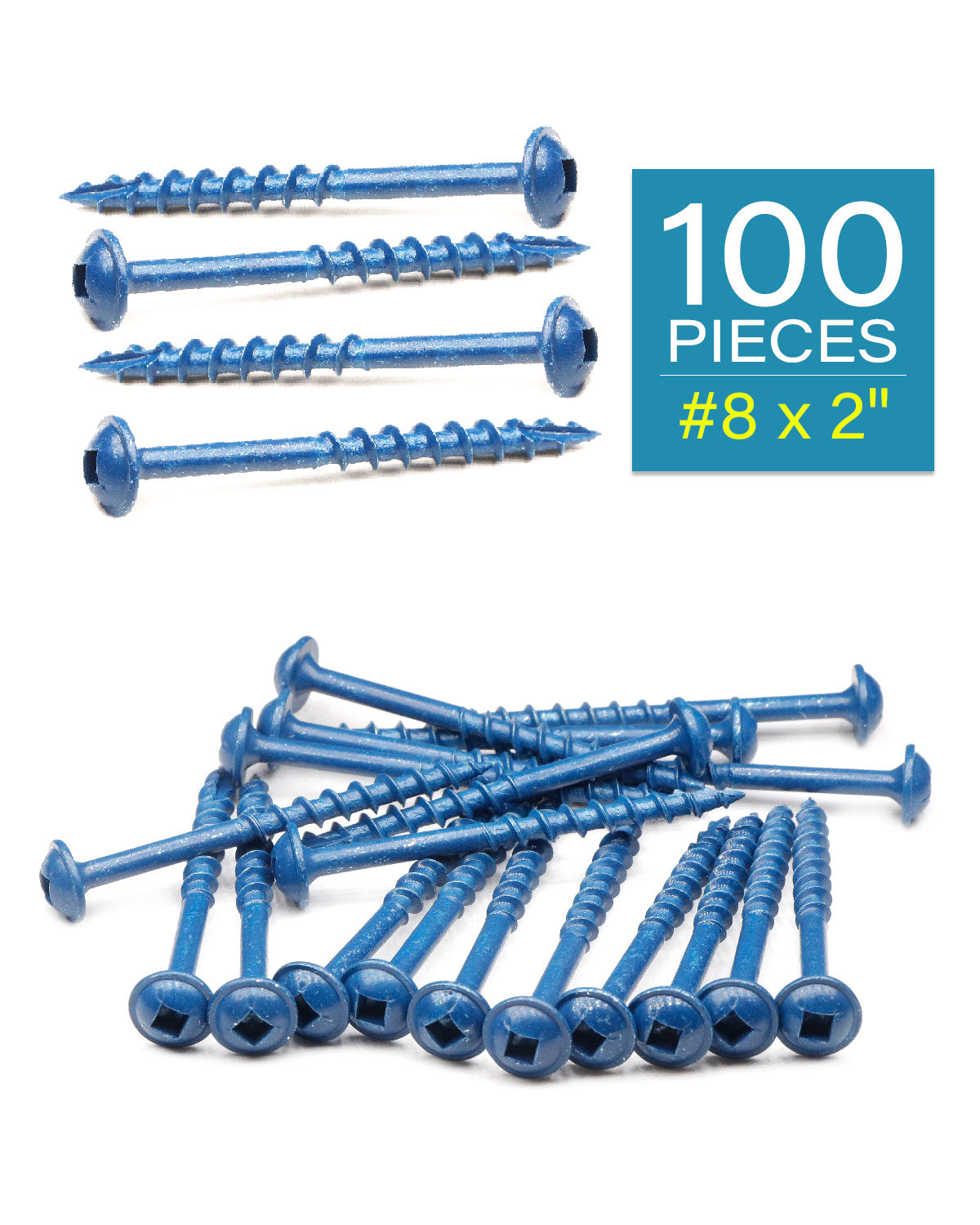 Pocket Hole Screws 100 PCS #8 x 2 Inch Wood Screws, Square Drive Washer Head Screws, Coarse Thread with Blue Coated for Outdoor, Indoor Use