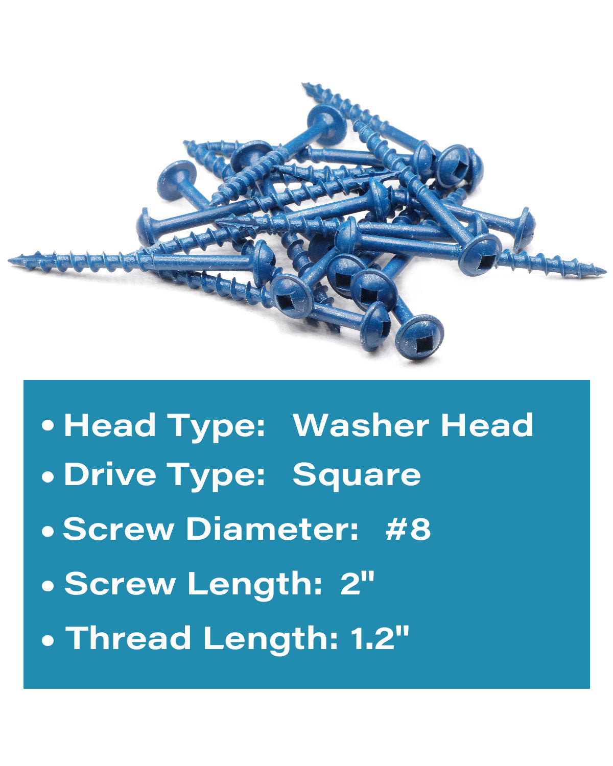 Pocket Hole Screws 100 PCS #8 x 2 Inch Wood Screws, Square Drive Washer Head Screws, Coarse Thread with Blue Coated for Outdoor, Indoor Use